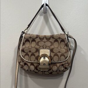 Coach Brown and Cream Crossbody Bag with Gold-Tone Clasp